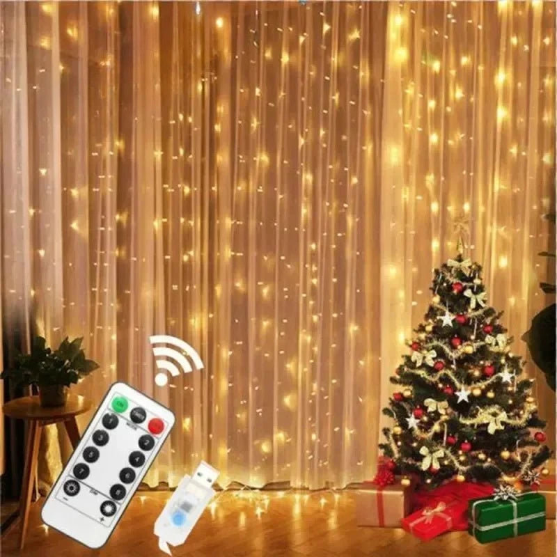 Guirnalda de cortina de 6x3M/3x3m en la ventana, guirnaldas de luces alimentadas por USB con control remoto, guirnalda de luces Led de Año Nuevo, decoración navideña