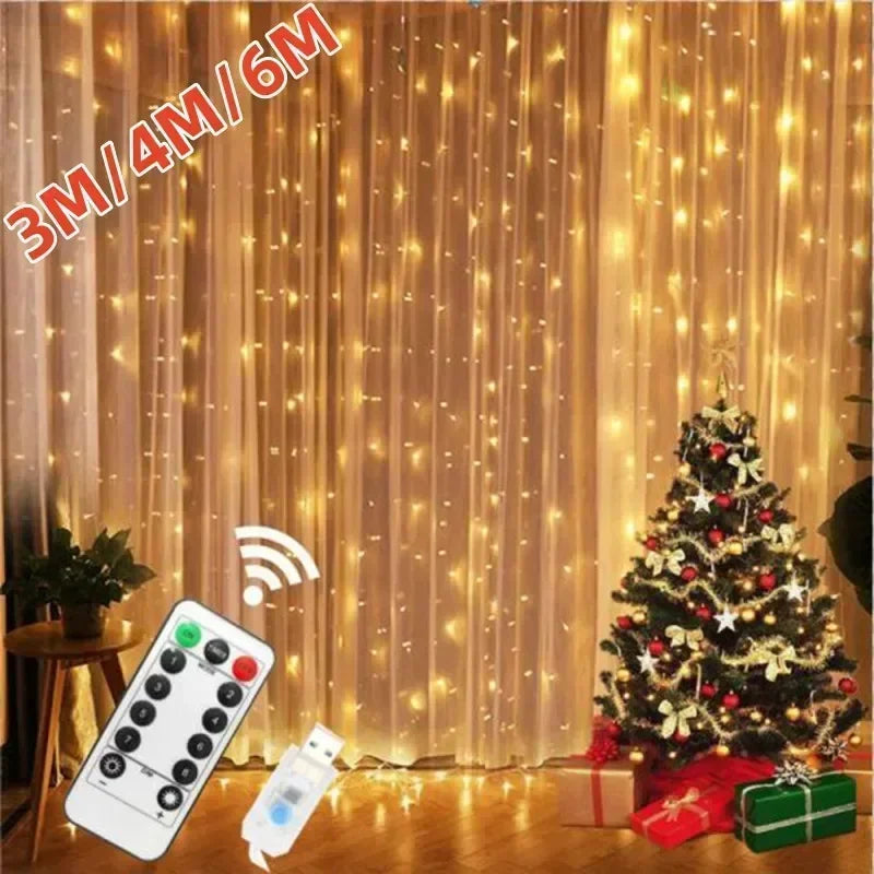 Guirnalda de cortina de 6x3M/3x3m en la ventana, guirnaldas de luces alimentadas por USB con control remoto, guirnalda de luces Led de Año Nuevo, decoración navideña